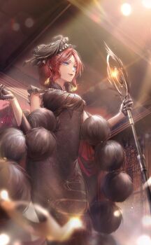 1girl aphrodia_(shining_nikki) artist_request bare_shoulders beads black_dress black_gloves black_hat black_shawl blue_eyes breasts china_dress chinese_clothes closed_mouth collared_dress dress earrings eyelashes feet_out_of_frame frilled_dress frilled_headwear frills from_below fur_shawl game_cg glint gloves gold_earrings half_gloves happy hat hat_feather highres holding holding_staff indoors jewelry lens_flare light_particles light_rays lipstick long_dress looking_ahead makeup mandarin_collar medium_breasts nikki_(series) official_art outstretched_hand red_hair red_lips reedpipe_song_(shining_nikki) shawl shining_nikki short_hair sleeveless sleeveless_dress smile solo staff stage stage_lights standing tight_clothes tight_dress wavy_hair