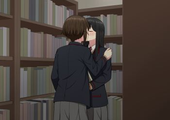 2girls absurdres black_hair black_jacket blazer bookshelf brown_hair closed_eyes collared_shirt commentary_request grey_skirt hand_on_another's_shoulder highres jacket kiss library long_hair multiple_girls original pleated_skirt ryuusa school_uniform shirt short_hair skirt white_shirt yuri