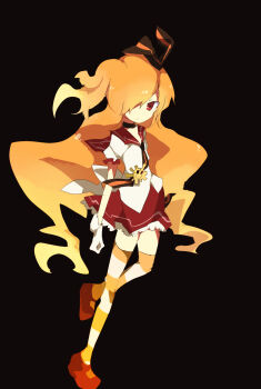 1girl back_bow black_background bow bow_hairband byako_(srktn) commentary_request full_body gen'ei_wo_kakeru_taiyou gloves hair_over_one_eye hairband highres long_hair looking_at_viewer magical_girl necktie one_side_up orange_hair red_eyes red_sailor_collar red_shoes red_skirt ribbon sailor_collar school_uniform serafuku shirt shoes simple_background skirt solo striped_clothes striped_thighhighs taiyou_akari taiyou_akari_(tenebrae_mode) thighhighs two-tone_necktie vertical-striped_clothes vertical-striped_necktie white_bow white_shirt zettai_ryouiki