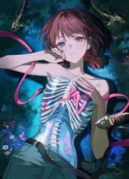 1girl absurdres blush brown_hair commentary_request girls_band_cry highres iseri_nina long_hair low_twintails open_mouth pong_(pong_o0) see-through_body short_hair short_twintails skeleton solo topless_female twintails