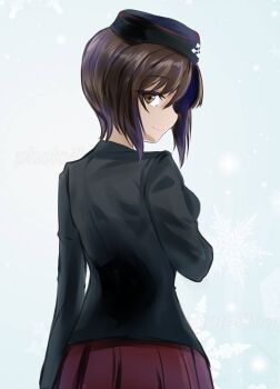 1girl abimaru_gup back black_hat black_jacket breasts brown_eyes brown_hair cross eyes_visible_through_hair from_behind garrison_cap girls_und_panzer hair_between_eyes hat highres iron_cross jacket kuromorimine_military_uniform large_breasts long_sleeves looking_at_viewer military military_hat military_jacket military_uniform nishizumi_maho pleated_skirt red_skirt skirt smile solo twitter_username