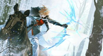 Rule 34 | 1boy, absurdres, aiming, black gloves, blue eyes, bow, bow (weapon), coat, commentary request, erdff720, fur trim, genshin impact, gloves, highres, holding, holding bow (weapon), holding weapon, horse, orange hair, pants, sitting, snow, snowing, solo, solo focus, tartaglia (genshin impact), tree, weapon, white pants, winter