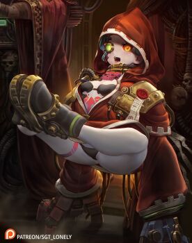 1girl 2others adeptus_mechanicus artificial_eye black_bra black_panties boots bra breasts cable cloak colored_sclera colored_skin commentary crossover cyberpunk_(series) cyberpunk:_edgerunners cyborg english_commentary fewer_digits glowing glowing_eyes green_hair highres hood hooded_cloak knees_apart_feet_together leg_tattoo mechanical_eye mechanical_hands multiple_others oversized_forearms oversized_limbs panties partially_unzipped patreon_username petite pink_tattoo purity_seal rebecca_(cyberpunk) red_cloak red_eyes red_hood sgt_lonely skull small_breasts stomach_tattoo tattoo tube underwear warhammer_40k white_skin