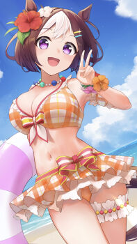 1girl absurdres animal_ears arm_garter bare_shoulders beach bead_necklace beads bikini bikini_skirt blue_sky blush breasts brown_hair cleavage cloud commentary_request ear_flower flower frilled_bikini frills hair_flower hair_ornament hairclip hibiscus highres holding holding_swim_ring horse_ears horse_girl horse_tail innertube jewelry large_breasts looking_at_viewer multicolored_hair navel necklace ocean official_alternate_costume open_mouth orange_bikini outdoors plaid_bikini plaid_clothes purple_eyes short_hair sky smile solo special_week_(hopp'n_happy_heart)_(umamusume) special_week_(umamusume) stomach swim_ring swimsuit tail two-tone_hair uine_(bobhairshuki) umamusume water white_hair wrist_flower