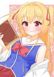 Rule 34 | 1girl, absurdres, bare shoulders, blonde hair, blue shirt, blush, book, border, bow, bowtie, closed mouth, clothing cutout, commentary request, dutch angle, eyelashes, hair between eyes, hair intakes, hair ribbon, hand up, happy, heart cutout, highres, holding, holding book, irotoridori no sekai, long hair, looking at viewer, nikaidou shinku, outside border, pink background, red bow, red bowtie, red eyes, red ribbon, ribbon, sailor collar, school uniform, serafuku, shirt, sidelocks, simple background, sleeveless, sleeveless shirt, smile, solo, tauiteitoku, two side up, upper body, very long hair, white border, white sailor collar