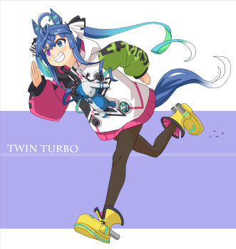1girl @_@ ahoge animal_ears aqua_hair asymmetrical_sleeves black_pantyhose blue_eyes blue_hair blue_tail boots character_name clothes_writing colored_inner_hair commentary_request crossed_bangs double-parted_bangs drawstring gradient_hair gradient_tail green_hair green_sleeves grin haniwa_(leaf_garden) heterochromia highres hood hood_down hooded_jacket horse_ears horse_girl horse_tail jacket long_hair long_sidelocks long_sleeves mismatched_sleeves multicolored_hair multicolored_jacket pantyhose pink_sleeves purple_eyes raglan_sleeves running sharp_teeth sidelocks smile solo stuffed_animal stuffed_rabbit stuffed_toy tail teeth thick_eyebrows twin_turbo_(blast_mode!_turbo_engine)_(umamusume) twin_turbo_(umamusume) twintails umamusume v-shaped_eyebrows very_long_sidelocks yellow_boots