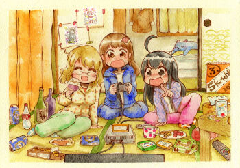 3girls :d :o ^_^ ahoge alcohol arm_support bed beer_can black_eyes black_hair blonde_hair blush bottle box brown_eyes brown_hair can candy cat closed_eyes coat controller cookie cup doodle drink_can drinking_glass famicom food game_console game_controller hair_ornament highres holding holding_cup hood hood_down hoodie indoors knee_up laughing long_hair long_sleeves mug multiple_girls no_shoes on_floor open_mouth original outstretched_arm pajamas plate playing_games pointing remote_control sitting sketchbook sleepover slice_of_life sliding_doors smile socks soda_bottle spots star_(symbol) star_hair_ornament super_famicom suzunari_(suzunari202) sweat table tatami tears tissue_box traditional_media unworn_coat wariza wavy_hair wavy_mouth wine wine_bottle wine_glass yokozuwari