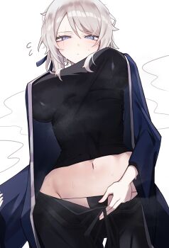 1girl absurdres black_pants black_shirt blue_eyes breasts closed_mouth commentary_request faust_(project_moon) from_below highres huge_breasts limbus_company midriff navel pants project_moon shirt short_hair simple_background solo sweat white_background white_hair worimiru