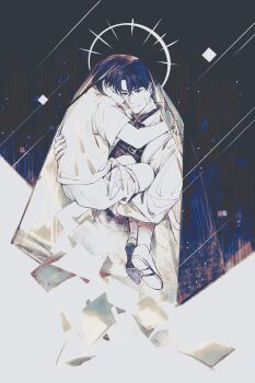 2boys absurdres black_hair black_shirt carrying child cloak coat collared_shirt commentary_request curled_up falling_paper full_body halo halo_behind_head hand_on_another&#039;s_back hand_on_another&#039;s_shoulder highres hood hood_up hooded_cloak kim_dokja light_particles limited_palette male_focus multiple_boys oldest_dream omniscient_reader&#039;s_viewpoint open_clothes open_coat sanjinmogufufu secretive_plotter shirt short_hair shorts spiked_halo t-shirt white_coat yoo_joonghyuk