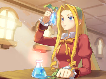 Rule 34 | 1girl, blonde hair, blue eyes, blush, breasts, buttons, caesty, classroom, cloe da pontina, closed mouth, collared shirt, commentary, curtained hair, dated commentary, drill hair, english commentary, erlenmeyer flask, eyelashes, flask, frilled sleeves, frills, gold buttons, green hairband, hair intakes, hairband, hand on table, holding, holding leaf, indoors, jacket, juliet sleeves, leaf, light particles, lips, long hair, long sleeves, medium breasts, nenyaffle, nenyaffle school uniform, nexon, nose, official art, puffy sleeves, red jacket, red sleeves, ribbon, school uniform, shirt, solo, star (symbol), straight hair, sunlight, table, tales weaver, test tube, undershirt, upper body, very long hair, white shirt, window, wing collar, yellow ribbon