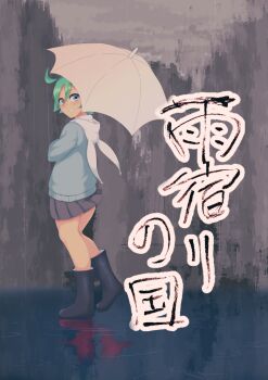 Rule 34 | 1girl, 9rimson, animal hood, black boots, blue eyes, blue jacket, boots, commentary request, different reflection, double-parted bangs, from side, full body, green hair, grey background, grey skirt, hair between eyes, holding, holding umbrella, hood, jacket, looking at viewer, miniskirt, mismatched pupils, neru (9rimson), original, pleated skirt, rain, reflection, reflective liquid, short hair, skirt, smile, solo, symbol-shaped pupils, translation request, umbrella, walking, water, white umbrella