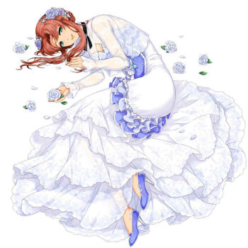 Rule 34 | 1girl, akatsuki no kiseki, black ribbon, blue footwear, brown hair, dress, eiyuu densetsu, flower, green eyes, hair flower, hair intakes, hair ornament, high heels, layered dress, long dress, long sleeves, looking at viewer, lying, neck ribbon, official art, on side, parted lips, pumps, ribbon, ries argent, short hair with long locks, simple background, solo, sora no kiseki, tachi-e, third-party source, white background, white dress, white flower