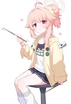 1girl absurdres ahoge between_fingers black_skirt blue_archive blush bright_pupils chair commentary drumsticks expressionless feet_out_of_frame hair_between_eyes hair_bun hair_ornament hair_scrunchie halo hand_up hashtag-only_commentary heart highres holding holding_drumsticks jacket jitome legs_together logo_print long_hair long_sleeves looking_at_viewer loose_socks miniskirt natsu_(band)_(blue_archive) natsu_(blue_archive) noiriririri official_alternate_costume on_chair on_stool parted_lips pink_hair pink_halo pink_pupils pleated_skirt raised_eyebrows red_eyes scrunchie shirt simple_background single_hair_bun sitting skirt sleeves_past_wrists socks solo stool t-shirt white_background white_shirt white_socks wristband yellow_jacket yellow_scrunchie