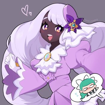 2girls apron ascot black_romper blunt_bangs blush commentary_request dark-skinned_female dark_skin dress fascinator frilled_ascot frills glove_bow gloves green_hair hair_ornament heart highres jacinthe_(pokemon) juliet_sleeves korean_commentary lebanne_(pokemon) long_hair long_sleeves looking_at_viewer low_drills maid_apron maid_headdress mega_stone multiple_girls nintendo open_mouth pokemon pokemon_legends:_z-a puffy_sleeves purple_dress purple_eyes purple_hair romper smile teeth upper_teeth_only very_dark_skin white_gloves wooni