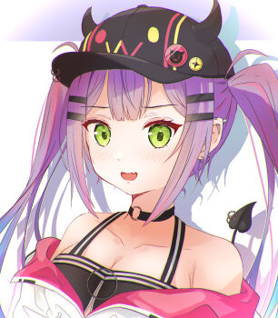 1girl absurdres bibi_(tokoyami_towa) black_choker blush choker commentary_request demon_girl demon_tail ear_piercing fang green_eyes hair_ornament hairpin highres hololive jacket long_hair looking_at_viewer multicolored_hair o-ring o-ring_choker pierced_hat piercing pink_streaks purple_hair skin_fang smile solo streaked_hair tail tail_ornament tail_piercing tokoyami_towa tokoyami_towa_(1st_costume) twintails u_da_desu very_long_hair virtual_youtuber white_jacket