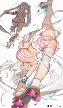 1girl acrobatics aqua_gloves blurry breasts cinderella_(nikke) elbow_pads fingerless_gloves from_behind gloves goddess_of_victory:_nikke greatodoggo handstand highres large_breasts long_hair multiple_views one_arm_handstand patreon_username pink_skirt roller_skates skates skating skirt solo striped_clothes striped_skirt thighhighs twintails vertical-striped_clothes vertical-striped_skirt white_skirt white_thighhighs