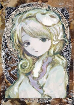 1girl commentary_request cropped_shoulders dress etching frilled_dress frills hair_ornament highres long_hair looking_at_viewer negative parted_lips portrait renaissance shell shell_hair_ornament tagme touhou tsukamoto_anabone watari_nina white_dress