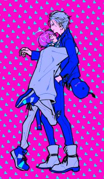 2boys ahoge amemura_ramuda amemura_ramuda_(tdd_era) anger_vein ankle_boots annoyed aohitsugi_samatoki aohitsugi_samatoki_(tdd_era) baseball_cap blue_eyes blue_jacket blue_pants boots cigarette commentary cowlick denim film_grain fingernails from_side full_body furrowed_brow gradient_hair hair_slicked_back hand_in_pocket hat hat_loss heart heart_background height_difference highres holding holding_cigarette hug hypnosis_mic jacket jeans jewelry lace-up_boots legs_apart long_sleeves looking_at_another loose_hair_strand male_focus multicolored_hair multiple_boys necklace open_clothes open_jacket pants pants_tucked_in parted_lips pink_background pink_hair print_hat profile r_e_o red_eyes saturated shirt shoes sneakers standing standing_on_one_leg sweater tiptoes v-shaped_eyebrows white_boots white_hair white_pants white_shirt white_sweater yaoi