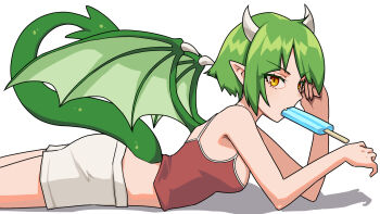 1girl breasts brushing_hair brushing_own_hair commentary_request dra_combo draco_centauros dragon_girl dragon_horns dragon_tail dragon_wings fang food food_in_mouth green_hair green_tail green_wings highres horns looking_at_viewer looking_to_the_side lying madou_monogatari medium_breasts on_stomach pointy_ears popsicle popsicle_in_mouth puyopuyo red_tank_top short_hair shorts simple_background slit_pupils solo spaghetti_strap tail tank_top white_shorts wings yellow_eyes