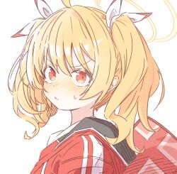 Rule 34 | 1girl, 2657314861, ahoge, bag, blonde hair, blue archive, blush, brown eyes, commentary request, hair ribbon, halo, highres, jacket, long hair, looking at viewer, portrait, red jacket, ribbon, school bag, school uniform, solo, sweatdrop, twintails, upper body, white background, yoshimi (blue archive)