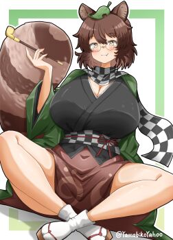 1girl absurdres animal_ears black_scarf black_shirt blush breasts brown_eyes brown_hair brown_skirt cleavage closed_mouth commentary covered_navel fang futatsuiwa_mamizou green_robe highres huge_breasts leaf leaf_on_head legs looking_at_viewer medium_hair plaid_clothes plaid_scarf raccoon_ears raccoon_girl raccoon_tail robe round_eyewear sandals scarf shirt sitting skirt smile socks solo symbol-only_commentary tail thighs touhou twitter_username white_scarf white_socks yamabikoyahoo