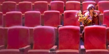 1boy absurdres black_hair bouquet chair commentary_request double-parted_bangs eiyuu_densetsu flower fur_collar hair_between_eyes highres holding holding_bouquet jacket male_focus rean_schwarzer red_eyes sen_no_kiseki sen_no_kiseki_(series) sen_no_kiseki_ii sitting solo theater_seating twitter_username yusaazusa