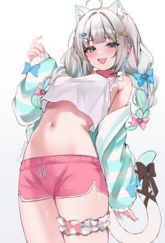 1girl acedia ahoge animal_ear_fluff animal_ears aqua_hair blue_bow blue_eyes bow braid breasts brown_bow cat_ears cat_girl cat_tail commentary dolphin_shorts drawstring english_commentary fang garter_belt gradient_hair hair_bow hair_ornament hairclip highres indie_virtual_youtuber long_hair long_sleeves looking_at_viewer medium_breasts midriff mint_fantome mint_fantome_(otaku) multicolored_hair navel official_alternate_costume open_mouth pink_shorts shorts simple_background solo tail tail_bow tail_ornament tank_top twin_braids very_long_hair virtual_youtuber white_background white_hair white_tank_top x_hair_ornament