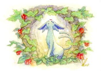 alternate_color aotake_tomo commentary_request espeon food fruit full_body gen_2_pokemon highres looking_up nintendo no_humans painting_(medium) parted_lips pokemon pokemon_(creature) raspberry shiny_pokemon signature solo traditional_media watercolor_(medium)