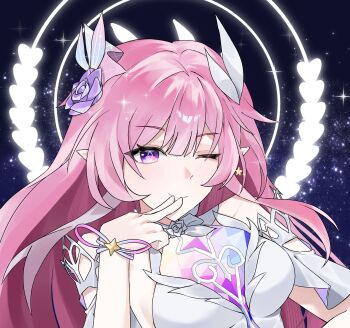 1girl absurdres bare_shoulders blowing_kiss breasts commentary_request cyrene_(honkai:_star_rail) cyrene_(ripples_of_past_reverie)_(honkai:_star_rail) diamond-shaped_pupils diamond_(shape) dress flower hair_flower hair_ornament halo highres honkai:_star_rail honkai_(series) korean_commentary large_breasts long_hair looking_at_viewer multicolored_hair nunnu1320 pink_hair pointy_ears purple_eyes scene_reference sky solo star_(sky) starry_sky symbol-shaped_pupils two-tone_hair upper_body very_long_hair white_dress white_hair