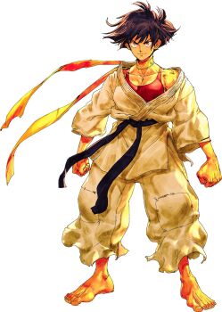 1girl arms_at_sides baggy_clothes barefoot belt black_belt black_hair breasts clenched_hands collarbone commentary david_liu determined dirty dirty_clothes dougi english_commentary foreshortening hair_flowing_over highres karate_gi large_feet large_hands long_scarf looking_at_viewer makoto_(street_fighter) medium_breasts messy_hair patchwork_clothes red_sports_bra scarf short_hair smile solo sports_bra strap_slip street_fighter street_fighter_iii_(series) toenails toes tomboy toned torn_clothes white_background yellow_scarf