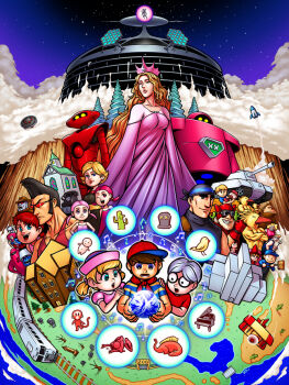 6+boys 6+girls aircraft airplane ana_(mother) baby baseball_cap bird black_hair blonde_hair broom brown_hair cactus carol_(mother) cat character_request crown dog doll dragon dress eve_(mother) everyone flying_man giygas glasses hat instrument jmanvelez lamp lloyd_(mother) long_hair long_sleeves military military_vehicle mimmie_(mother) minnie_(mother) missile monkey mother_(series) mother_1 motor_vehicle multiple_boys multiple_girls musical_note neckerchief ninten nintendo phone piano pink_dress pink_hair pippi pitchfork queen_mary railroad_tracks robot shirt silver_hair sleeves_past_wrists starman_(mother) striped_clothes striped_shirt sunglasses tank teddy_(mother) tombstone train ufo vehicle zombie