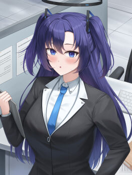 1girl :o black_halo black_jacket blue_archive blue_eyes blue_necktie blush clipboard collared_shirt commentary_request computer_keyboard hair_between_eyes hair_ornament halo highres holding holding_clipboard indoors jacket lazb. long_hair long_sleeves looking_at_viewer mechanical_halo necktie open_mouth purple_hair shirt sidelocks solo tile_floor tiles two_side_up white_shirt yuuka_(blue_archive)