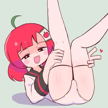 1girl absurdres ahoge apple ass blush brat emoji fang flat_chest food fruit heart heart-shaped_pupils heart_in_mouth highres legs loli looking_at_viewer mesugaki naughty_face open_mouth original panties red_hair sailor_collar school_uniform serafuku short_hair simple_background smile smug solo symbol-shaped_pupils teasing thighhighs thighs twintails underwear white_panties white_thighhighs
