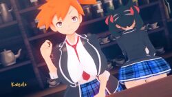 2girls 3d animated ass asymmetrical_hair black_hair breasts cowboy_shot green_eyes gym_leader hair_tie highres huge_ass huge_breasts kwevlo large_breasts legs looking_at_viewer marnie_(pokemon) miniskirt misty_(pokemon) multiple_girls necktie nintendo orange_hair pokemon pokemon_rgby pokemon_swsh ponytail school_uniform short_hair side_ponytail skirt smile solo tagme thick_thighs thighs video
