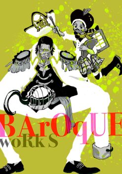 1boy 1girl blue_background boots cigar collared_coat commentary crocodile_(one_piece) epaulettes fake_facial_hair fake_mustache hair_slicked_back hat highres holding holding_brush hook_hand miss_goldenweek one_piece paint_splatter pirate_hat sash short_hair sitting skirt smile stitched_face stitches symbol-only_commentary ttongyyu