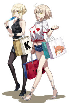 >:o 2girls :o :p ahoge alternate_costume artoria_pendragon_(fate) bad_id bad_pixiv_id bag black_legwear blonde_hair blouse braid breasts character_print club3 contemporary crop_top crop_top_overhang denim denim_shorts eating fate/grand_order fate_(series) food french_braid fujimaru_ritsuka_(female) graphite_(medium) hair_bun halterneck headpiece high_heels highres jeanne_d'arc_(fate) jeanne_d'arc_(ruler)_(fate) jeanne_d'arc_alter_(avenger)_(fate) jeanne_d'arc_alter_(fate) large_breasts looking_at_viewer midriff multiple_girls navel open_mouth orange_eyes orange_hair pantyhose popsicle saber_(fate) saber_alter shirt shopping_bag short_hair short_shorts short_sleeves shorts side_ponytail sidelocks simple_background single_hair_bun standing t-shirt tongue tongue_out traditional_media v-shaped_eyebrows white_background white_shirt yellow_eyes
