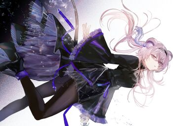 Rule 34 | 1girl, animal ear fluff, animal ears, arknights, black dress, black hairband, black shoes, breasts, brown eyes, brown hair, brown pantyhose, commentary request, dress, floating hair, from side, fumi (rdbm), hair between eyes, hairband, high heels, highres, holding, lin (arknights), long hair, long sleeves, looking at viewer, looking to the side, medium breasts, pantyhose, shoes, sleeves past wrists, solo, very long hair, white background, wide sleeves