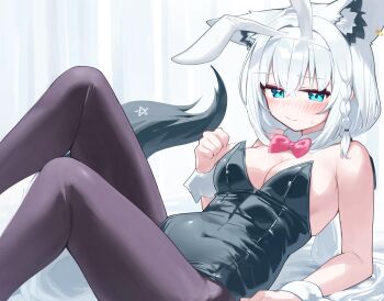 1girl alternate_costume animal_ear_fluff animal_ears bare_shoulders black_leotard black_pantyhose blush bow bowtie braid breasts cleavage commentary_request deaver detached_collar fox_ears fox_girl fox_tail hair_between_eyes hair_intakes highres hololive large_breasts leotard long_hair looking_at_viewer nose_blush pantyhose pentagram pink_bow pink_bowtie playboy_bunny shirakami_fubuki single_braid solo strapless strapless_leotard tail virtual_youtuber