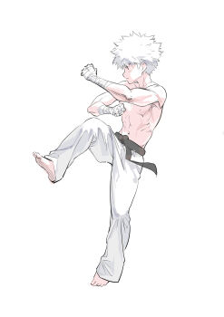 1boy bandages barefoot belt black_belt hunter_x_hunter kariki_hajime killua_zoldyck short_hair solo topless_male white_background white_hair