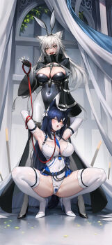 2girls :d absurdres animal_ears arknights arms_behind_back belt between_breasts black_belt black_hair black_shoes breasts chest_harness chest_strap collar covered_navel dog_ears dog_girl elbow_gloves fang gloves grey_eyes hand_on_another&#039;s_cheek hand_on_another&#039;s_face harness headdress high_collar high_heels highres holding holding_leash kumachi lace lace_trim lappland_(arknights) large_breasts lattice leash long_hair looking_at_another messy_hair multiple_girls open_mouth panties pantyhose pet playboy_bunny rabbit_ears red_collar red_leash scar scar_across_eye scar_on_face shoes skin_tight smile spread_legs squatting strap strap_between_breasts texas_(arknights) thigh_strap thighhighs thighs underwear white_gloves white_hair white_headdress white_panties white_shoes white_thighhighs wide_sleeves window yellow_eyes
