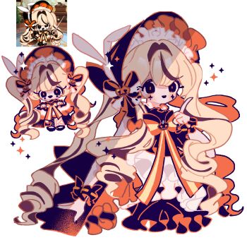 1girl absurdly_long_hair asymmetrical_dress asymmetrical_legwear bandaged_leg bandages bare_shoulders black_bow black_eyes black_hat black_pantyhose black_shoes black_skirt black_wrist_cuffs blonde_hair blunt_bangs bow bowtie brooch chibi collared_dress commentary cookie_run cookie_run:_kingdom cropped_legs dress drill_hair facial_tattoo fishnet_pantyhose fishnets four-pointed_star frilled_dress frilled_headwear frilled_skirt frilled_wrist_cuffs frills game_screenshot_inset hair_intakes halloween happy hat hat_bow highres humanization jack-o&#039;-lantern_brooch jack-o&#039;-lantern_hat_ornament jewelry light_blush long_dress long_hair looking_at_viewer loose_hair_strand maid_headdress mary_janes miniskirt mismatched_legwear multicolored_hair multiple_views mycookie open_mouth orange_bow orange_bowtie orange_pupils pantyhose pointing pointing_up reed reference_inset ribbon-trimmed_wrist_cuffs shoes short_dress simple_background single_leg_pantyhose single_stripe skirt skirt_hold skirt_under_dress sleeveless sleeveless_dress smile sparkle star_(symbol) star_tattoo streaked_hair striped_bow striped_bowtie striped_clothes symbol-only_commentary tattoo twintails two-tone_bow very_long_hair white_background white_bow white_dress wrist_cuffs