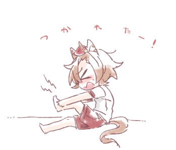 >_< 1girl animal_ears barefoot beer_hsk brown_hair chibi closed_eyes commentary_request crown from_side full_body gym_shirt gym_shorts gym_uniform hair_between_eyes horse_ears horse_girl horse_tail mini_crown open_mouth profile red_shorts shirt short_sleeves shorts sitting solo t.m._opera_o_(umamusume) tail translation_request umamusume wavy_mouth white_background white_shirt