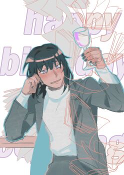 Rule 34 | 1girl, :d, black hair, blush, coat, commentary, cowboy shot, cup, drinking glass, elbow rest, grey coat, han sooyoung, hand on own face, hand up, happy birthday, highres, holding, holding cup, looking at viewer, nemomosso, omniscient reader's viewpoint, open mouth, purple eyes, shirt, short hair, smile, solo, symbol-only commentary, white shirt, wine glass