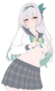 1girl absurdres belly black_hairband black_ribbon blue_pupils blush bow bowtie breasts closed_mouth firefly_(honkai:_star_rail) firefly_(spring_missive)_(honkai:_star_rail) gradient_bow gradient_bowtie gradient_eyes gradient_hair green_bow green_bowtie grey_hair grey_sailor_collar grey_skirt hair_between_eyes hair_intakes hair_ornament hair_ribbon hairband highres honkai:_star_rail honkai_(series) large_breasts lifting_own_clothes long_hair multicolored_bow multicolored_bowtie multicolored_eyes multicolored_hair navel origami_(poinia) pleated_skirt ribbon sailor_collar simple_background skirt smile solo two-tone_eyes white_background