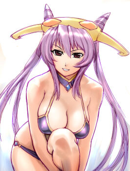 Rule 34 | 1girl, aged up, battle spirits, battle spirits: brave, bikini, breasts, bursting breasts, cleavage, cone hair bun, cowboy shot, drill hair, female focus, gem, grin, hair bun, halterneck, headdress, hugging own legs, large breasts, leaning forward, leg lift, long hair, low twintails, purple bikini, purple eyes, purple hair, red eyes, shinomiya mai, shiny clothes, sideboob, sidelocks, simple background, sketch, skindentation, smile, solo, swimsuit, twin drills, twintails, ueyama michirou, very long hair, white background, wide hips