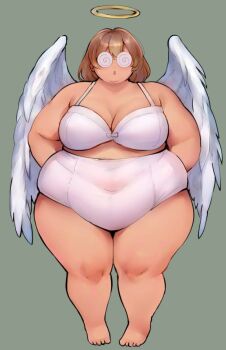1girl angel angel_wings arms_behind_back bob_cut bra breasts brown_hair cleavage coke-bottle_glasses covered_navel fat fat_woman feathered_wings glasses halo high-waist_panties large_breasts medium_hair open_mouth original panties pink_bra pink_panties pocharin round_eyewear simple_background solo standing thick_thighs thighs underwear white_wings wide_hips wings