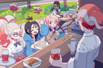 Rule 34 | 3boys, 3girls, black hair, blue eyes, coffee pot, commentary request, croissant, cup, dark-skinned male, dark skin, disposable coffee cup, disposable cup, flabebe, flabebe (red flower), food, food truck, from behind, gen 6 pokemon, glasses, griselle (pokemon), grisham (pokemon), harmony (pokemon), highres, holding, holding cup, lida (pokemon), looking at another, multicolored hair, multiple boys, multiple girls, naveen (pokemon), nintendo, plate, pokemon, pokemon legends: z-a, red hair, two-tone hair, urbain (pokemon), waving, white hair, yoshishi (yosisitoho)