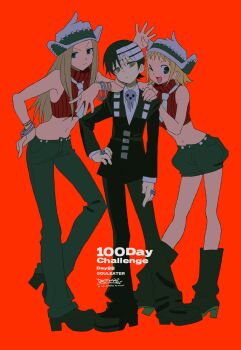 Rule 34 | 1boy, 2girls, ;d, bangle, betti (xx betti), black boots, black hair, black jacket, black pants, black shoes, blonde hair, blue pants, blue shorts, boots, bracelet, closed mouth, copyright name, crop top, death the kid, denim, denim shorts, elizabeth thompson, english text, full body, green eyes, hand on another's shoulder, hand on own hip, hat, highres, jacket, jeans, jewelry, knee boots, long hair, long sleeves, looking at viewer, medium hair, multicolored hair, multiple bracelets, multiple girls, navel, necktie, one eye closed, open mouth, pants, patricia thompson, red background, red shirt, ring, ringed eyes, shirt, shoes, short hair, shorts, siblings, sidelocks, signature, simple background, sisters, skull ring, sleeveless, sleeveless shirt, smile, soul eater, standing, striped hair, turtleneck, two-tone hair, white hair, white hat, white necktie, yellow eyes