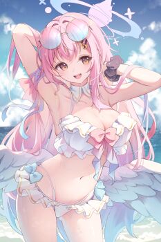 1girl absurdres armpits arms_up bikini blue_archive blue_hair blue_sky blush breasts cleavage cloud collar commentary cowboy_shot detached_collar eyewear_on_head frilled_bikini frills gradient_hair gradient_halo hair_intakes hair_ornament hairclip halo hand_in_own_hair highres large_breasts long_hair looking_at_viewer low_wings mika_(blue_archive) mika_(swimsuit)_(blue_archive) multicolored_hair multicolored_halo navel ocean open_mouth outdoors pink_hair pink_halo scrunchie sky smile solo swimsuit tinted_eyewear tomo_(tomosa011326) white_bikini white_collar white_wings wings wrist_scrunchie yellow_eyes