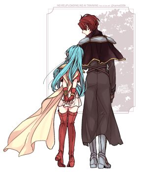 Rule 34 | 1boy, 1girl, 2025, aqua hair, armor, armored boots, arms behind back, black capelet, black tunic, boots, breasts, cape, capelet, commentary request, couple, eirika (fire emblem), fire emblem, fire emblem: the sacred stones, from behind, full body, gloves, grey armor, grey boots, head rest, heel up, height difference, hetero, high collar, high heels, highres, long hair, long sleeves, looking to the side, miniskirt, nintendo, red boots, red gloves, red hair, red shirt, sayu030b, seth (fire emblem), shirt, short hair, short sleeves, shoulder armor, skirt, small breasts, standing, thigh boots, thighhighs, tunic, twitter username, watermark, white background, white skirt, wind, yellow armor, yellow cape, zettai ryouiki